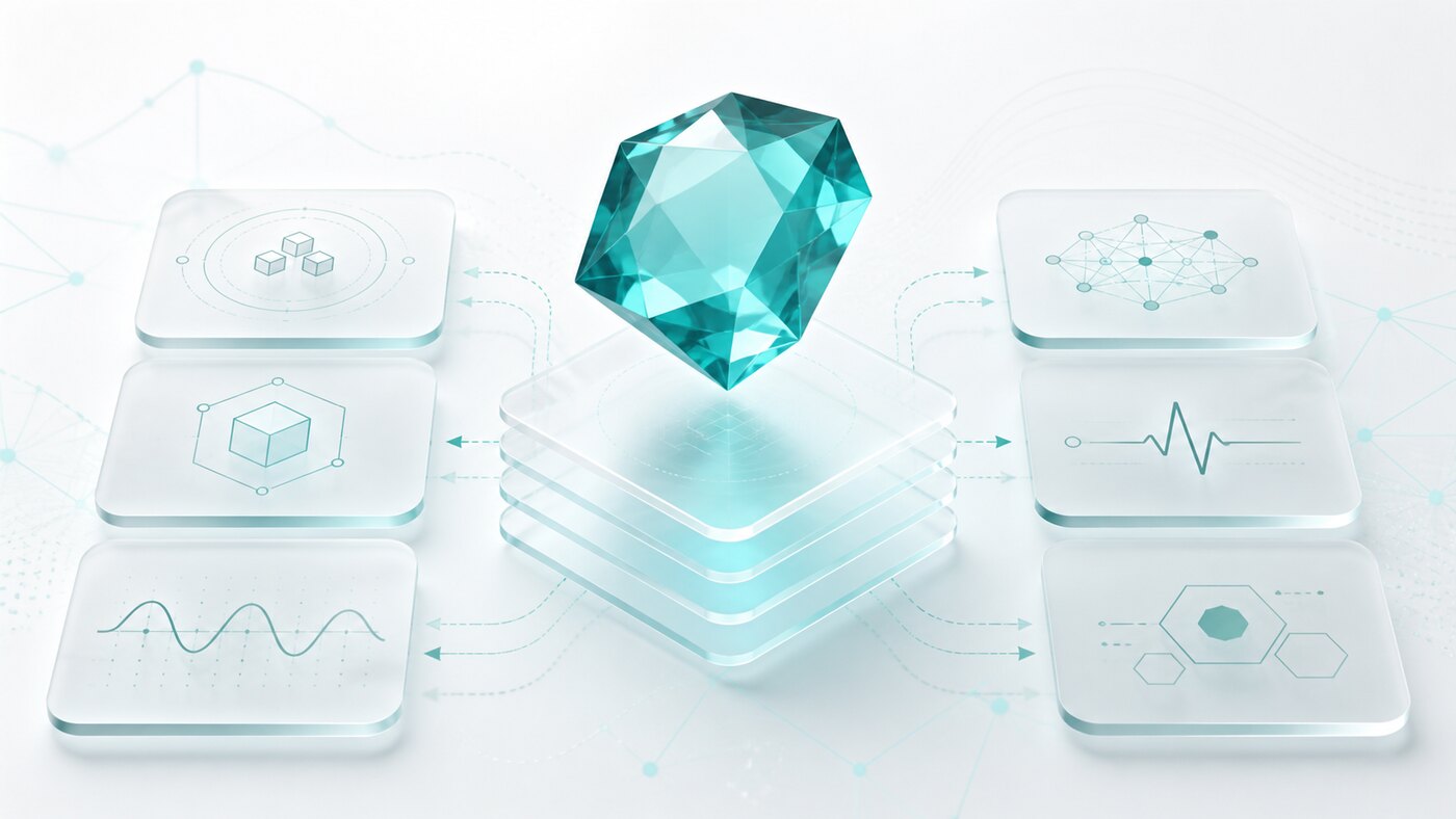Glassmorphism-style abstract edge AI platform with a teal gemstone floating above translucent system layers