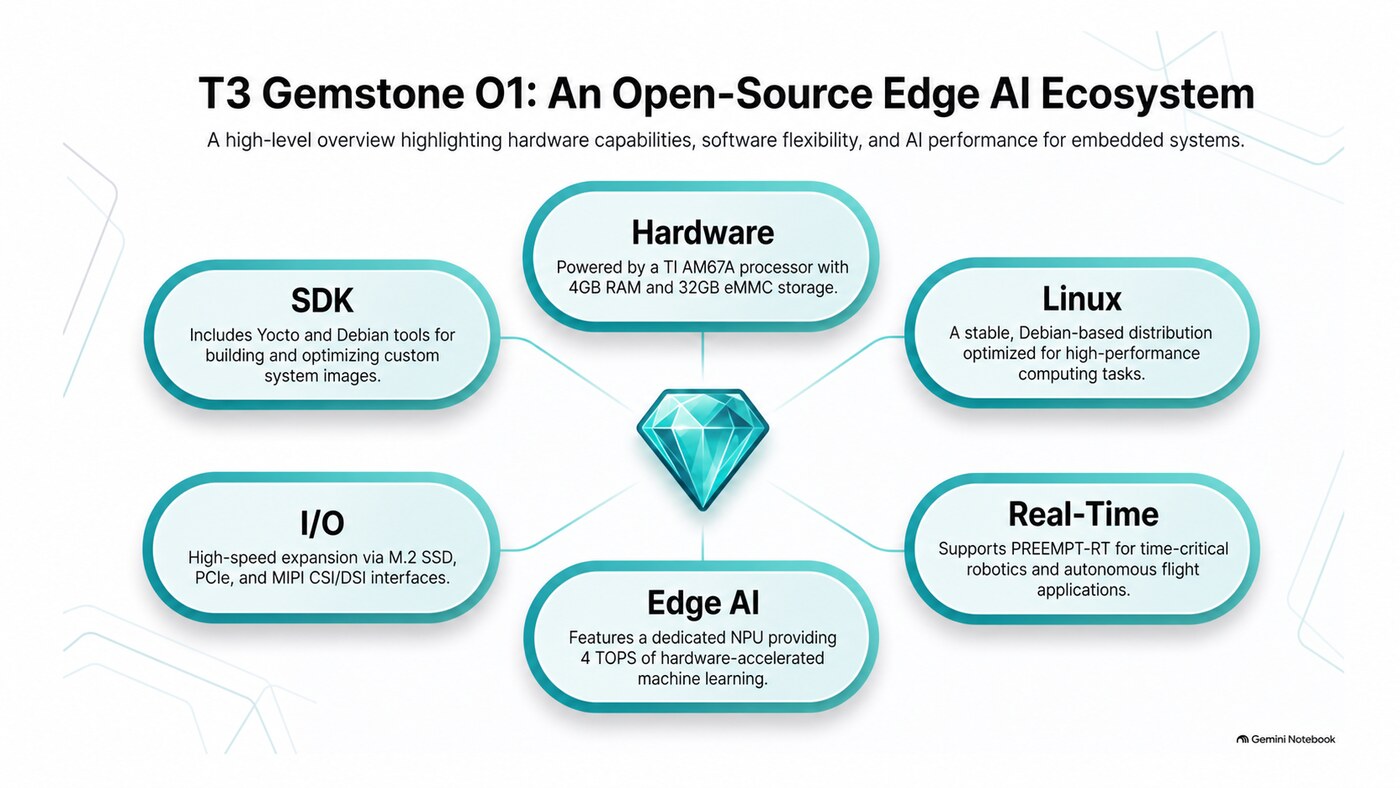 T3 Gemstone O1 ecosystem infographic with hardware, Linux, real-time, edge AI, I/O, and SDK capability callouts around a teal gemstone.